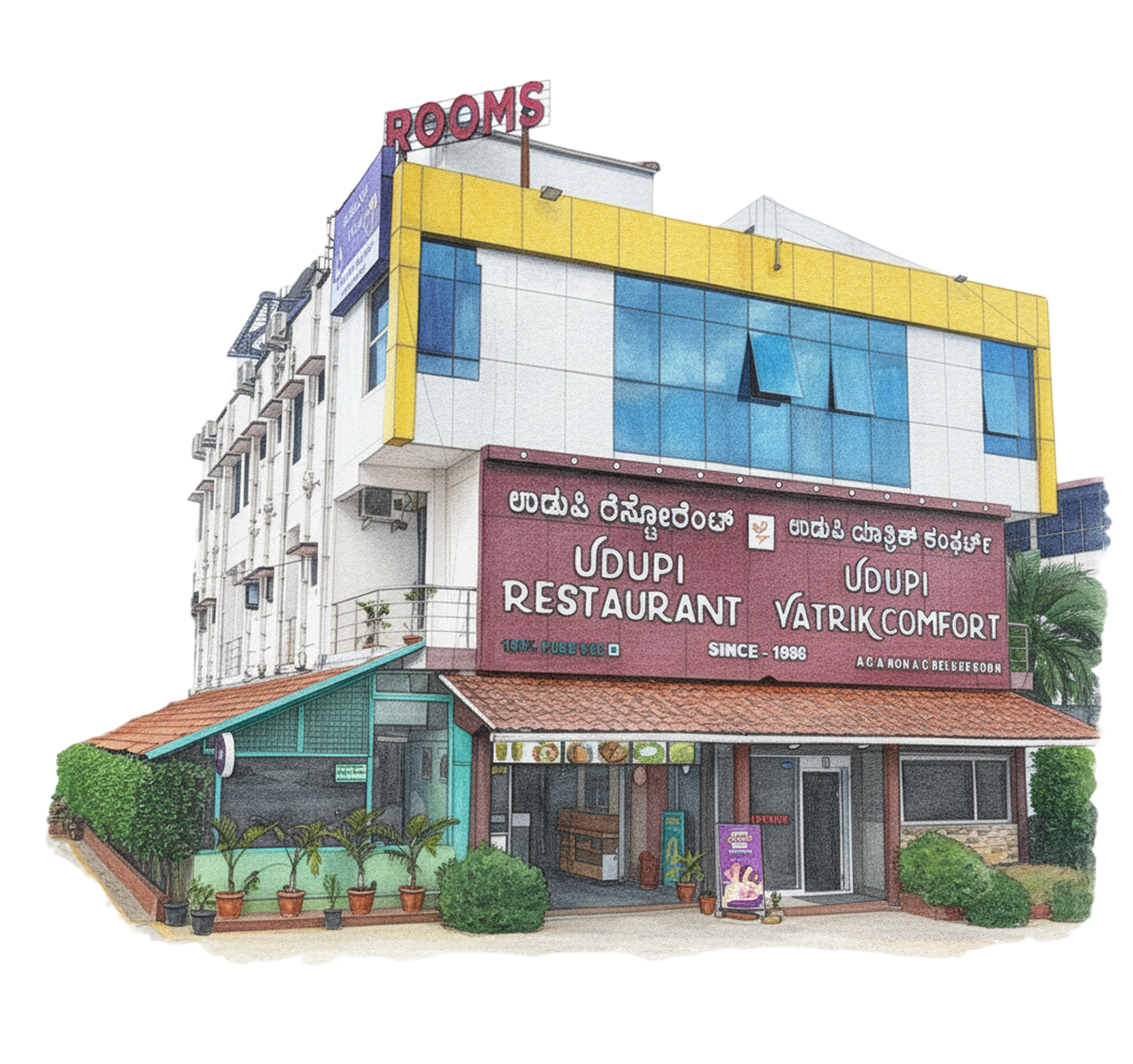 Watercolour illustration of Udupi Restaurant and Yatrik Comfort